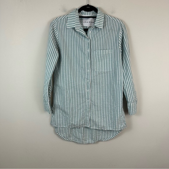 Lola River | Green and White Striped Button Down Tunic Top Size XS - Picture 1 of 6